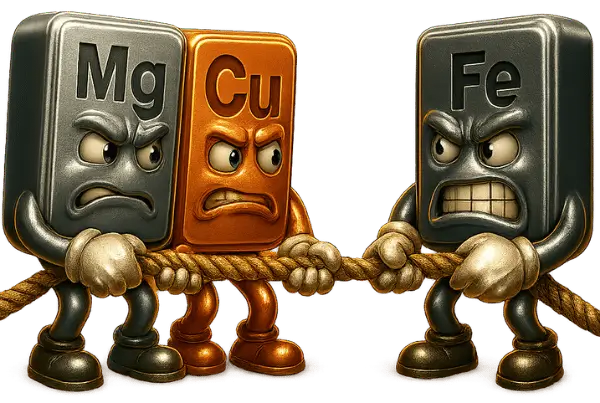 Magnesium, Copper and Iron elements from the period table fighting for balance by pulling on a tug of war rope